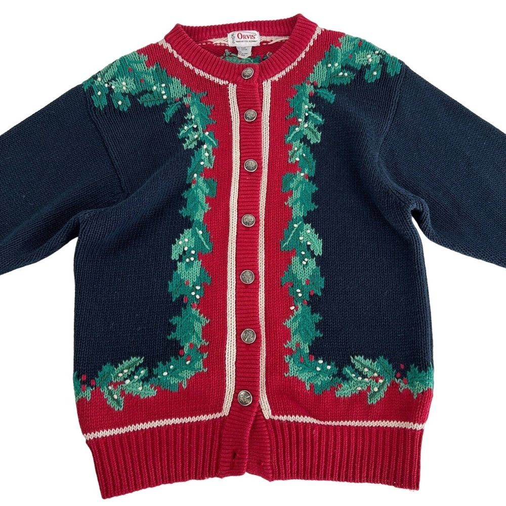 Orvis Holly Festive Sweater Cardigan Women's‎ Knit Christmas Holiday L - Picture 2 of 14
